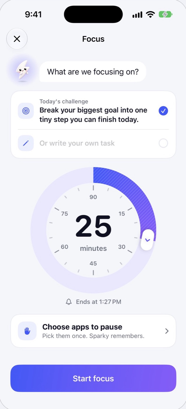 Focus setup: today's challenge, a 25-minute dial and Start focus