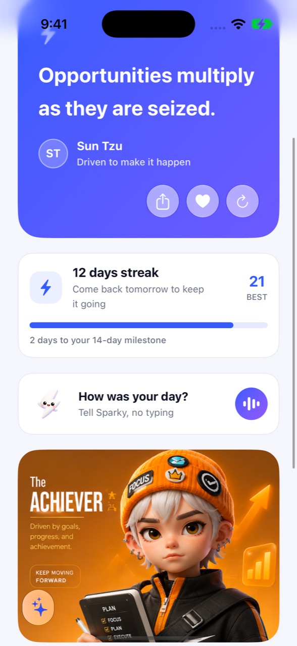 Today screen with a Sun Tzu quote, a 12-day streak and the How was your day? card