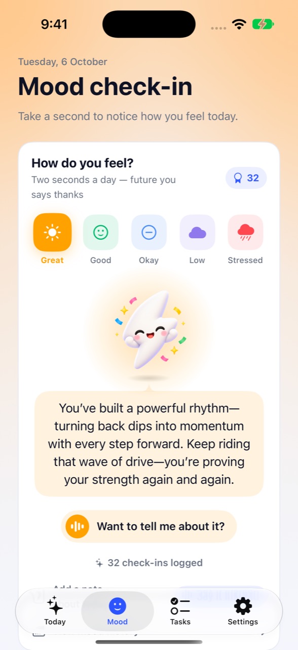 Mood check-in glowing orange for Great, with Sparky's reply